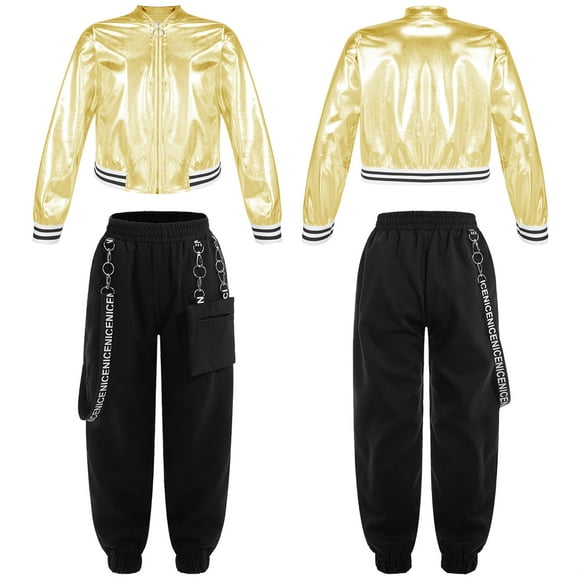 Jowowha Girls Hip Hop Street Dance Clothes Set Jacket Tops with Jogger Pants Set Dance Outfits Athletic Tracksuit Gold&Black 12