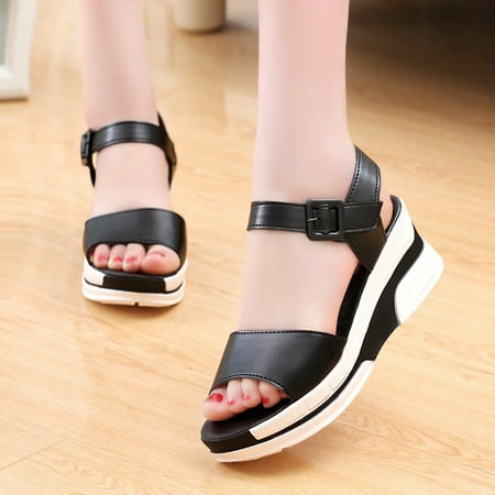 

HIMIWAY Sandals Women Women s Sandals Women s Summer Sandals Shoes Peep-toe Low Shoes Roman Sandals Ladies Flip Flops Black 37