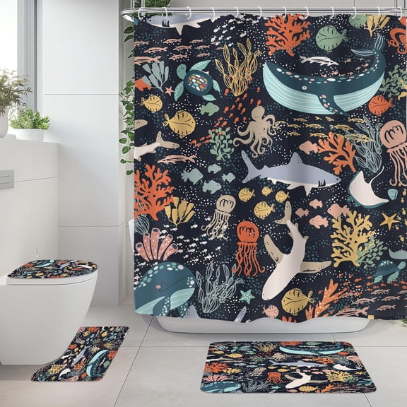 Kids Sea Animal 4Pcs Bathroom Shower Curtain Sets Funny Cartoon Cute Underwater Whale Bathroom Decor Set with Rugs and Accessories Ocean Toilet Lid Rug, Contour and Bath Mat with 12 Hooks