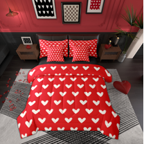 Manfei Kawaii Loves Pattern 7 Pieces Bedding Comforter Set,Cute Heart Print Full Bedding Set,Red White Fitted Sheet Flat Sheet For Princess,Ultra Soft Home Decor Reversible