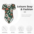 thumbnail image 4 of KLL Women 's Crew Neck Bodysuit Jumpsuits Lilies Flowers Print Short onesies Stretch T Shirts, 4 of 7