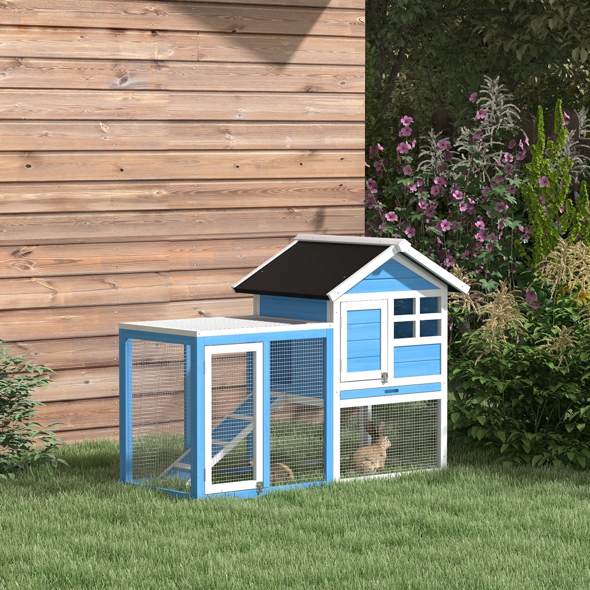 48" Wooden Rabbit Hutch Bunny Cage with Waterproof Asphalt Roof, Fun Outdoor Run, Removable Tray and Ramp, Light Blue