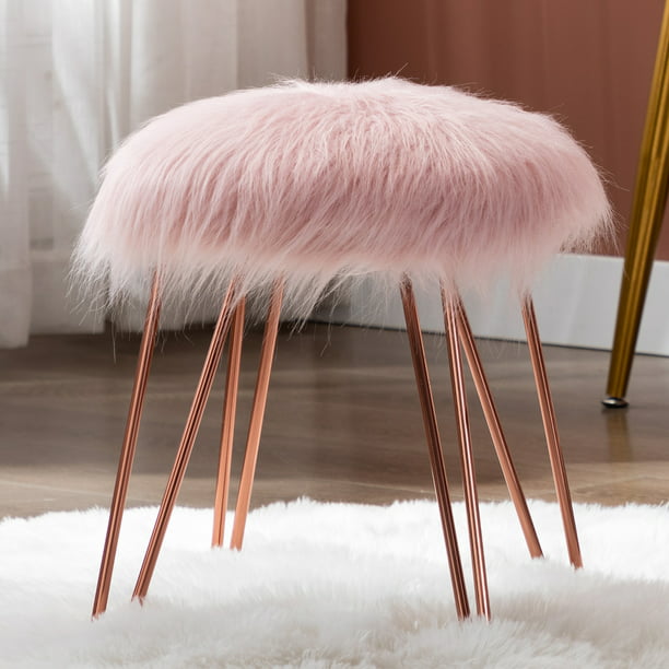 Duhome Mongolian Faux Fur Ottoman Round, Rose Gold Vanity Stool
