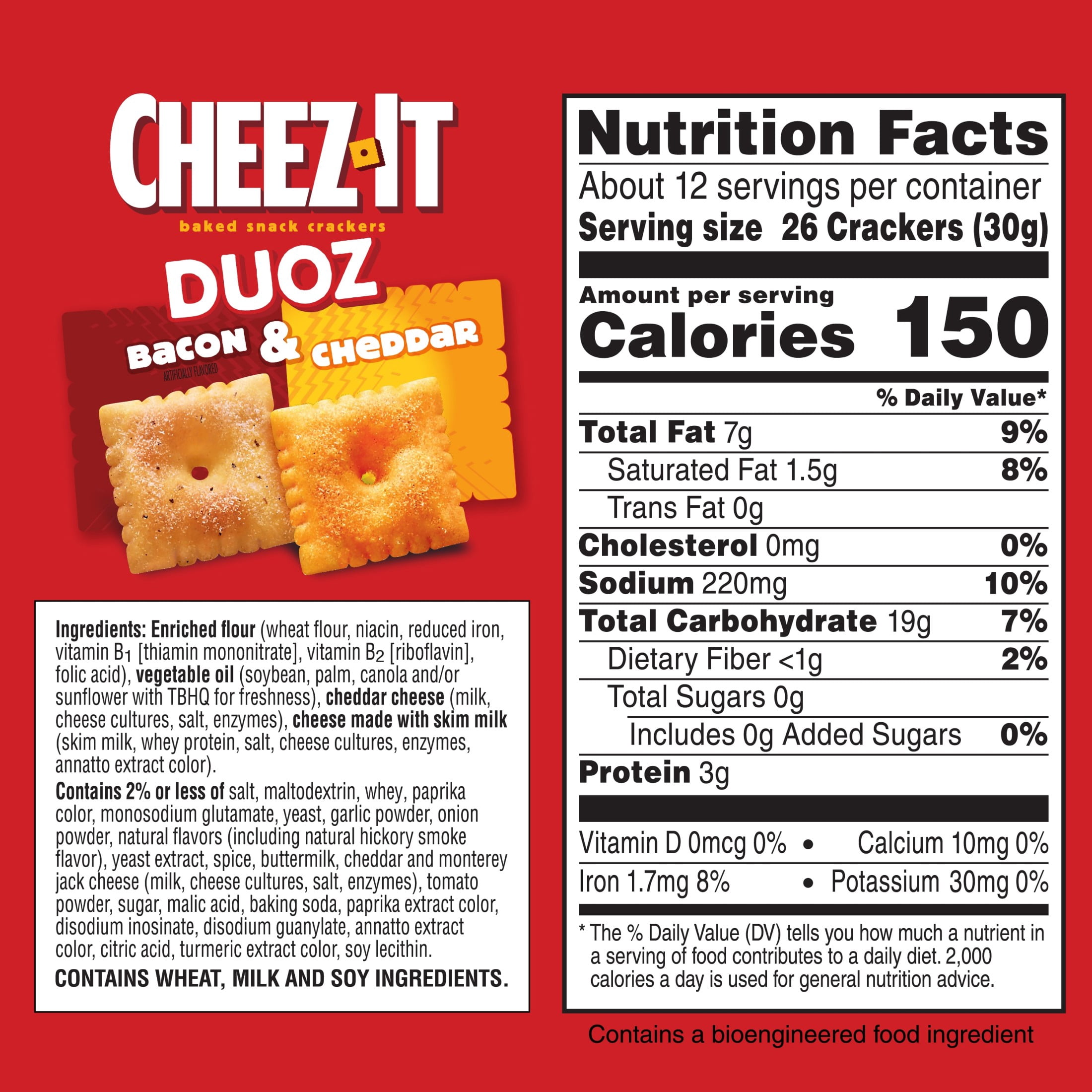 (3 pack) Cheez-It DUOZ Bacon and Cheddar Baked Snack Crackers, Lunch Snacks, 12.4 oz