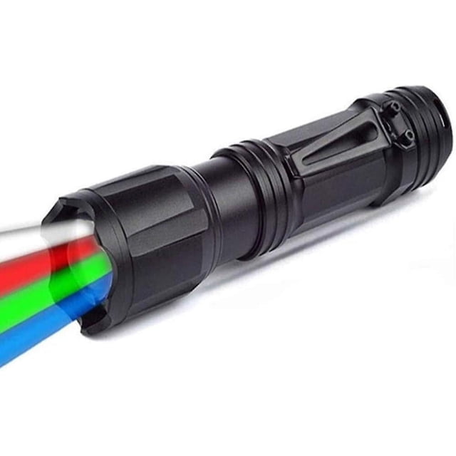 Linterna táctica LED con rojo, verde, azul, blanco, 4 colores en 1, luz de antorcha con zoom multifuncional impermeable para visión nocturna, pesca, camping, H