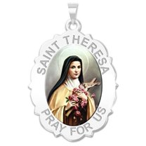 Picturesongold.Com Saint Theresa Scalloped Religious Necklace Pendants Adult- 3/4x1in 14K White Gold