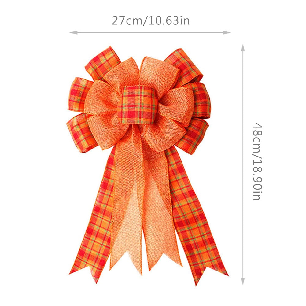 2/4/6 PCS Large Fall Thanksgiving Wreath Gift Bow -18.9x10.6inch Orange Buffalo Plaid Check Wreath Swag Bow Wreath Pre-Tied Bow for Fall, Thanksgiving, Christmas, Home Indoor Outdoor Ornaments