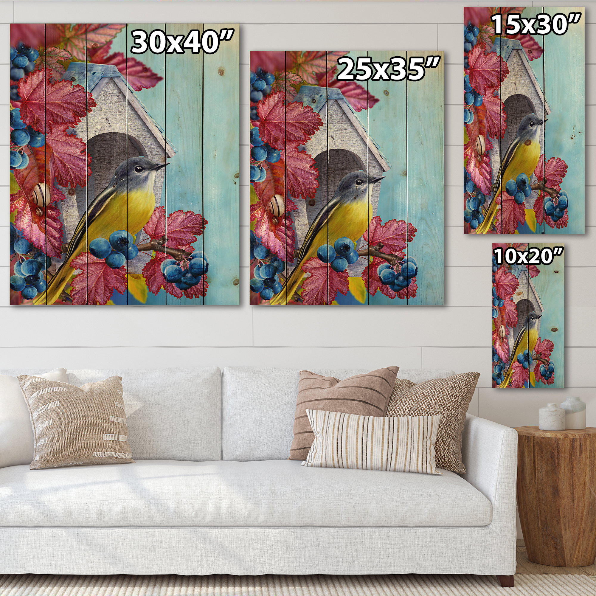 Designart 'Titmouse Bird Sitting On A Berries Branch Near A Birdhouse' Traditional Print on Natural Pine Wood
