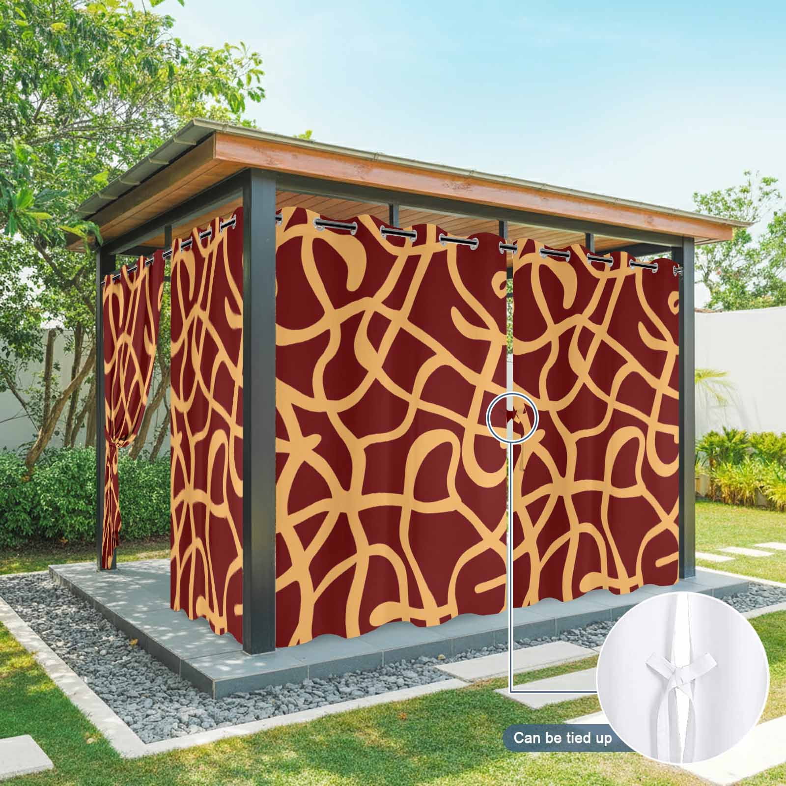 Abstract Line Outdoor Curtains for Patio, Retro Pattern Orange Wave Line Art Red Minimalist Sunshade Privacy Drapes Grommet Waterproof Outside Curtains for Porch/Cabana/Balcony 54"x 108", 1 Panel