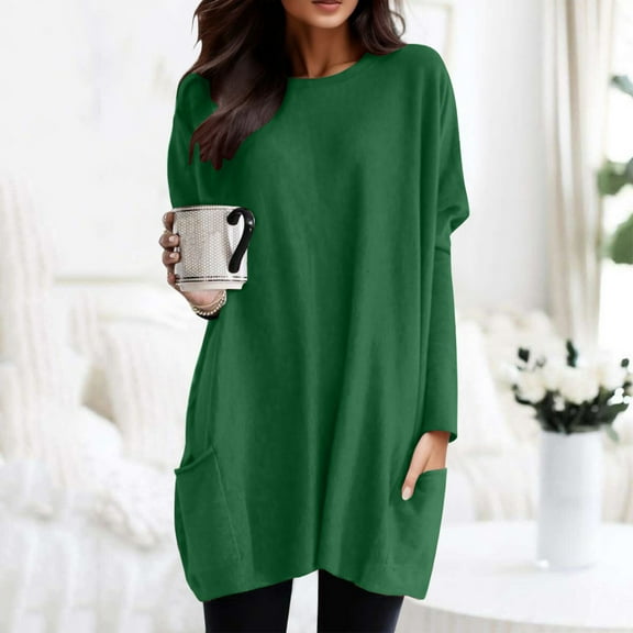 Hauaitttt Women Autumn and Winter Casual Fashion Round Neck Long Sleeve Long T Shirt Top Pocket Puff Sleeve Print Top Long Sleeve Shirts Tall Womens Summer T Shirts Women Shirt Pack of Shirts for
