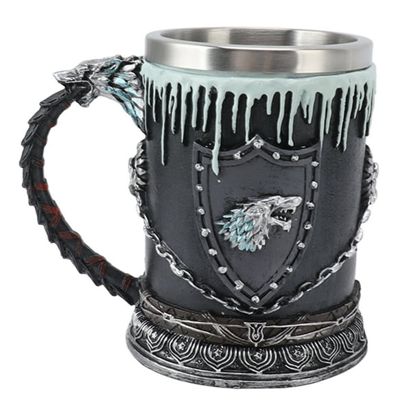 Stainless Steel Liner Mug 3D Carving Resin Antique Viking Beer Mug for Home Bar KTV Restaurant Type 2