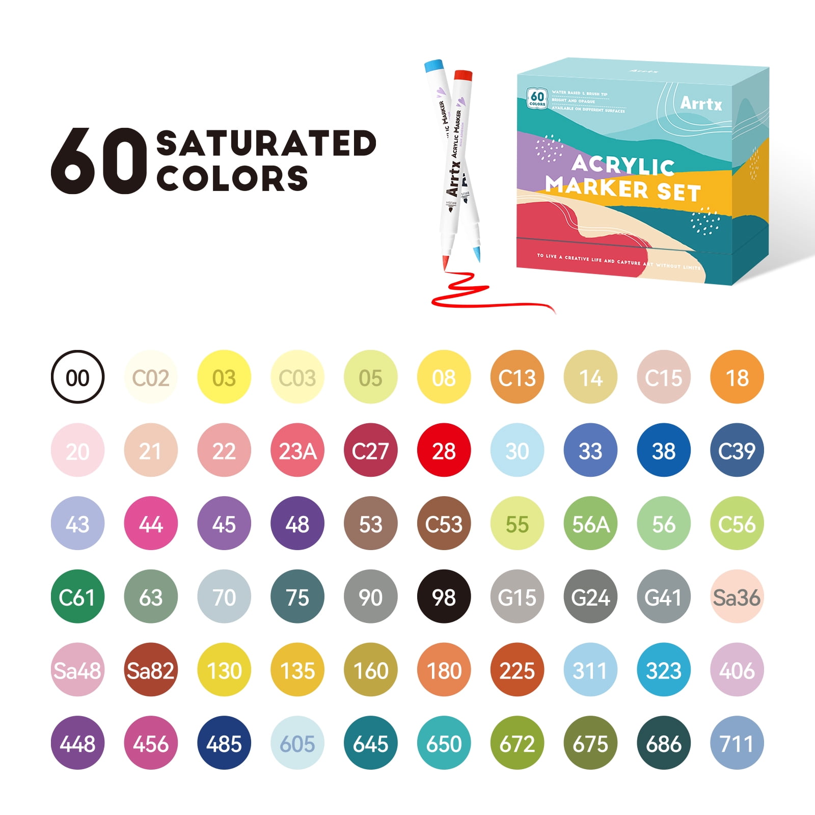 Arrtx Acrylic Paint Markers, Set of 60, 1-6mm Warter-Based Brush Tip Acrylic Paint Pens, Landscape Theme