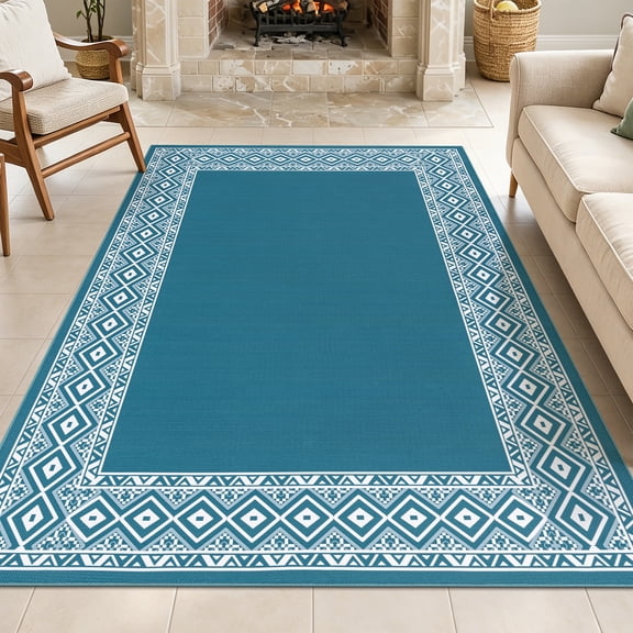 LOKHOM 5'x7' Faux Jute Area Rugs, Bohemian Area Rug for Living Room, Washable Non Slip Indoor Outdoor Carpet for Bedroom, Blue