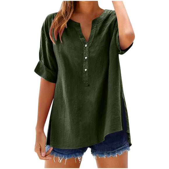 Summer Savings Clearance! RQYYD Linen Shirts for Women Button Down Shirts Short Sleeve Cotton Collared V Neck Solid Casual Blouses with Pocket
