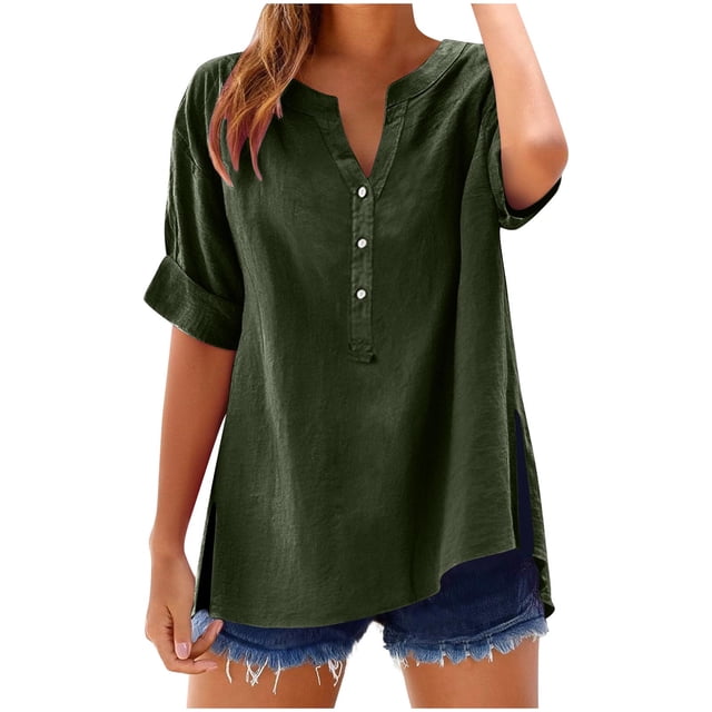 Vestidos Casuales Para Mujer, Blusas De Mujer De Moda Blusa de moda para mujer, de lino sintético y color liso, con cuello en V, manga corta, botones en el bajo y abertura.