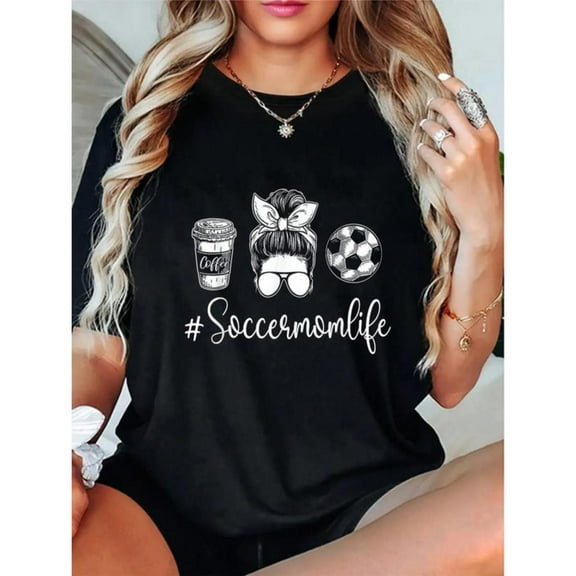 Sweet Soccer - Mom Life Themed Patterned Tee,Tops Boasts "#Soccermomlife" Text and Coffee & Soccer Ball Illustrations, Round Neck Oversized T - shirts, Size(S - 5XL)