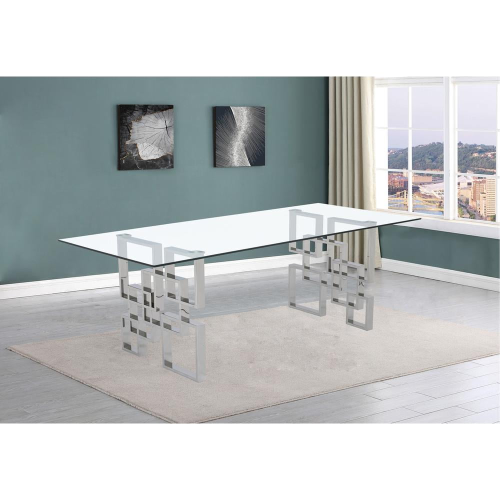 94" Glass Dining Table with Clear Tempered Glass Top and Silver Stainless Steel