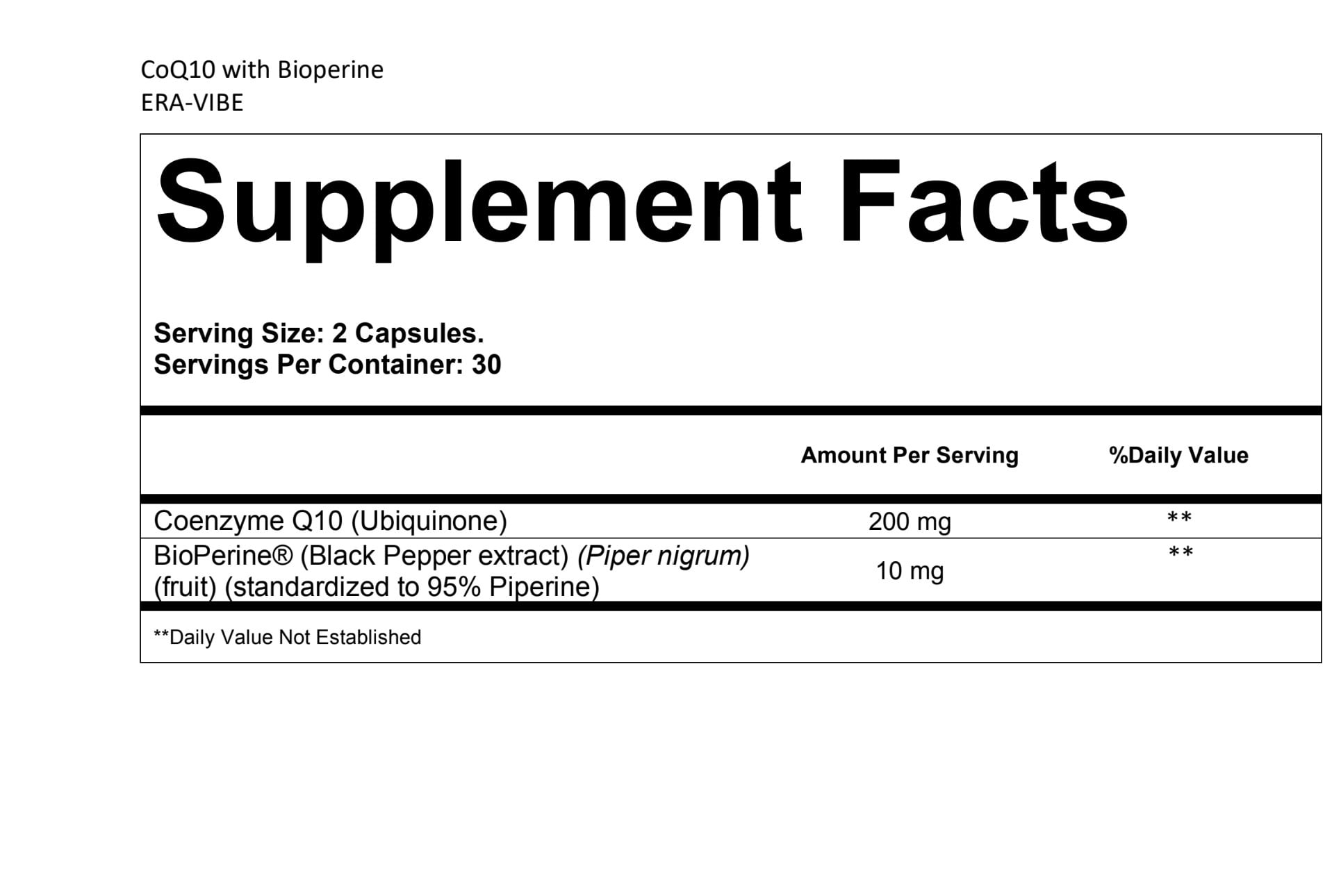 Eravibe CoQ10 200mg with Bioperine, High Absorption Antioxidant Supplement, 60 Veggie Capsules