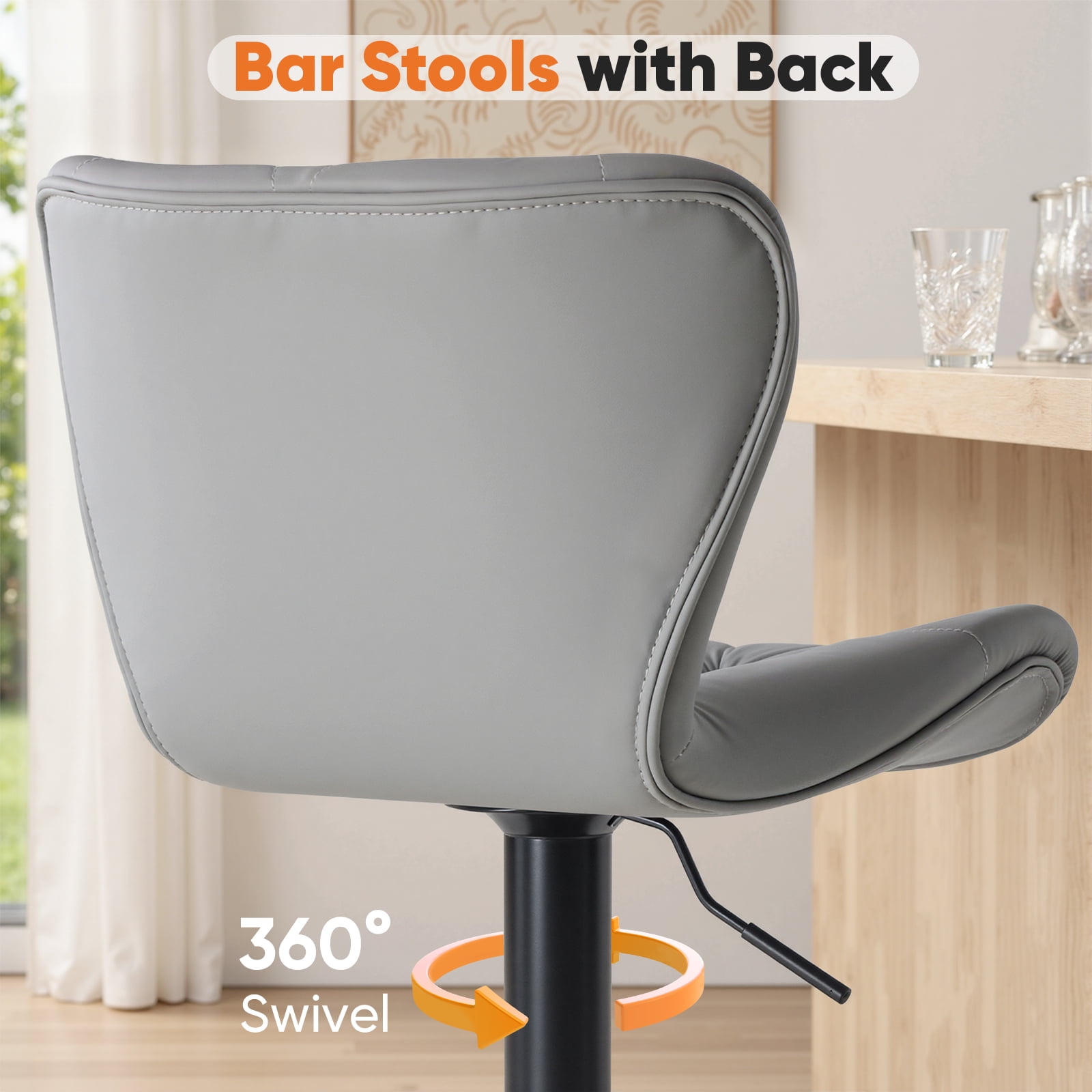 EDX Bar Stools Set of 2, Modern Adjustable Armless Swivel Counter Stools with PU Leather, Gray