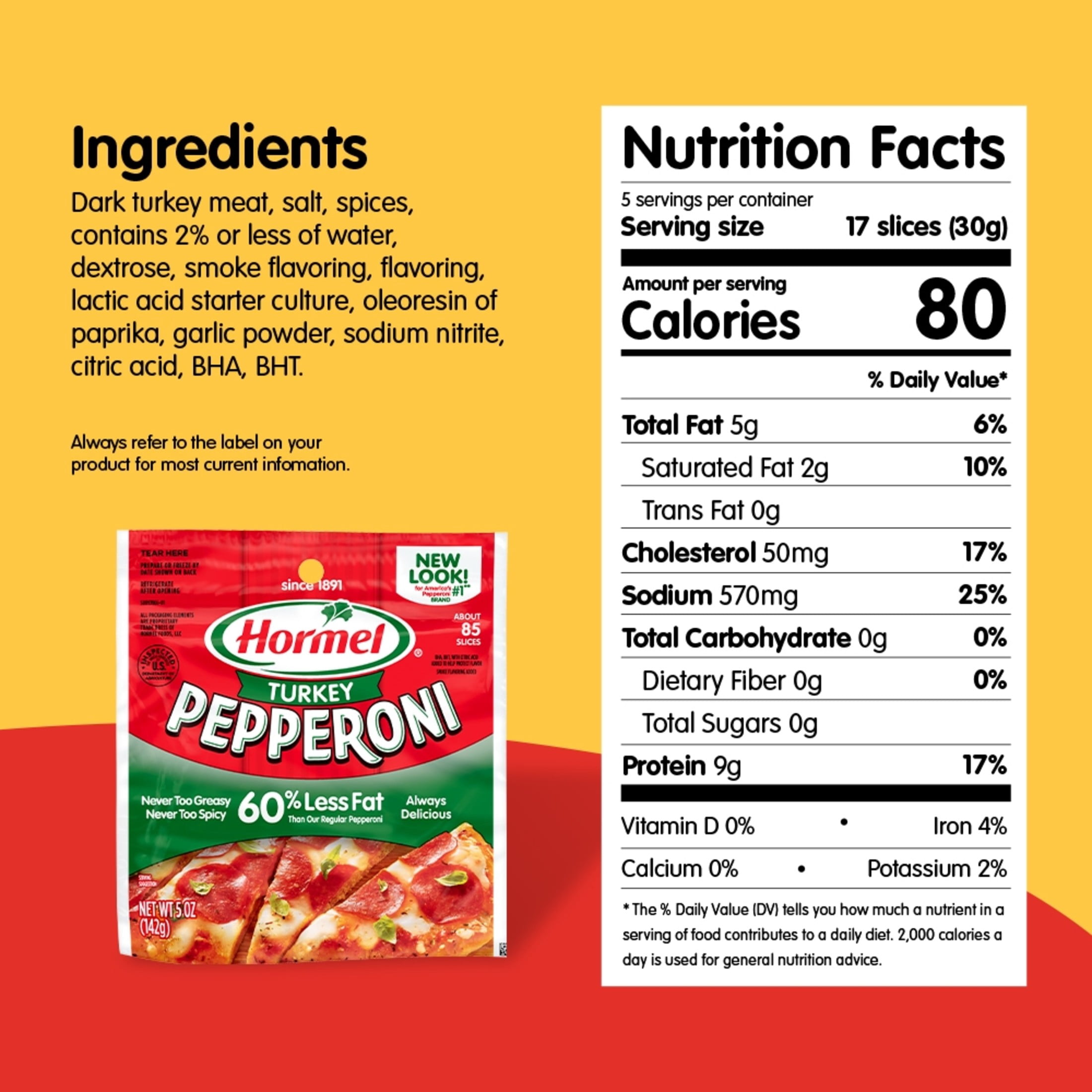 HORMEL Turkey Pepperoni Slices, Pizza Topping, Gluten Free, Original, Refrigerated, 5 oz Bag​