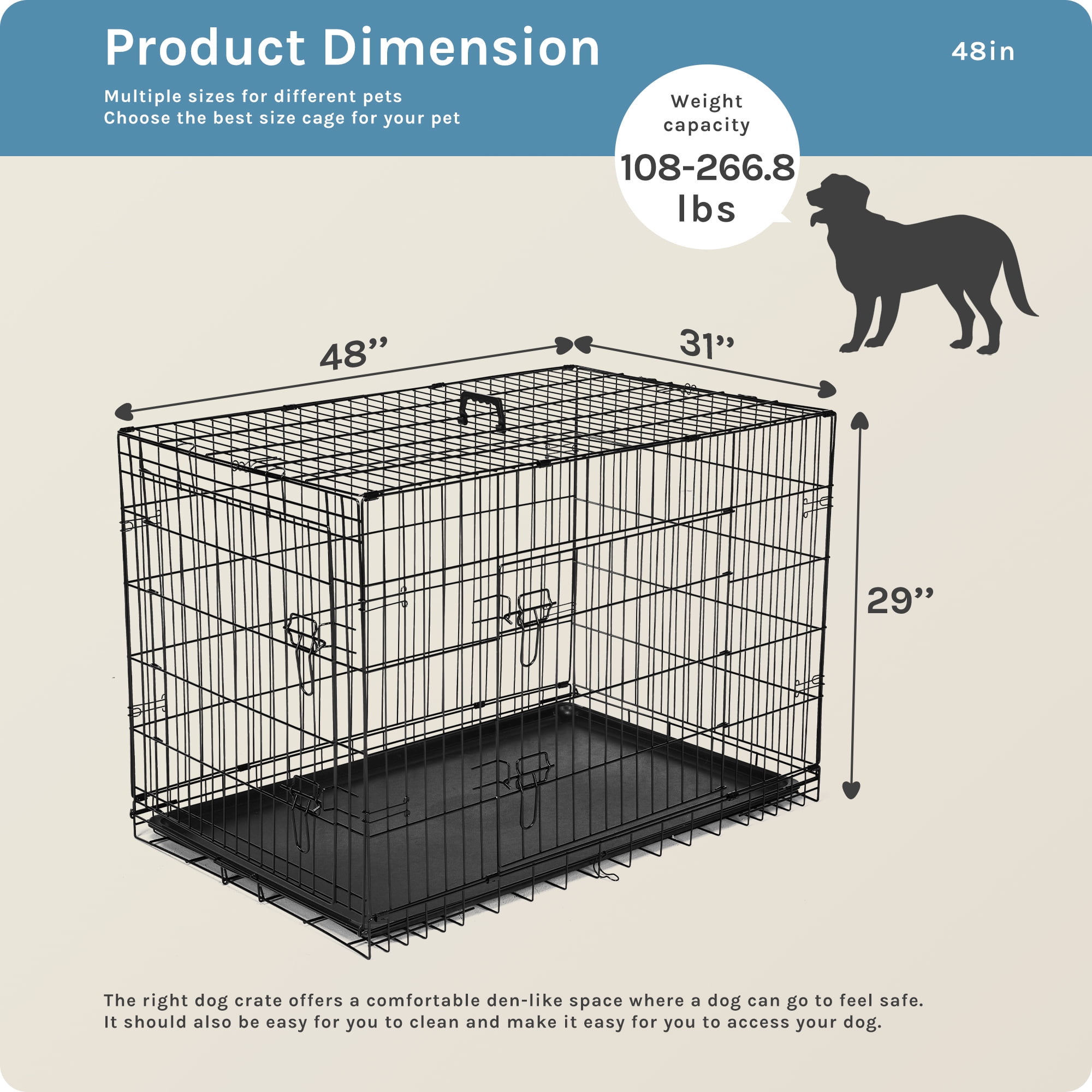 JOINSUN Dog Crate, 48 Inch Medium Folding Metal Wire Pet Double Door Dog Cage with Divider Panel and Plastic Leak-Proof Pan Tray, Outdoor