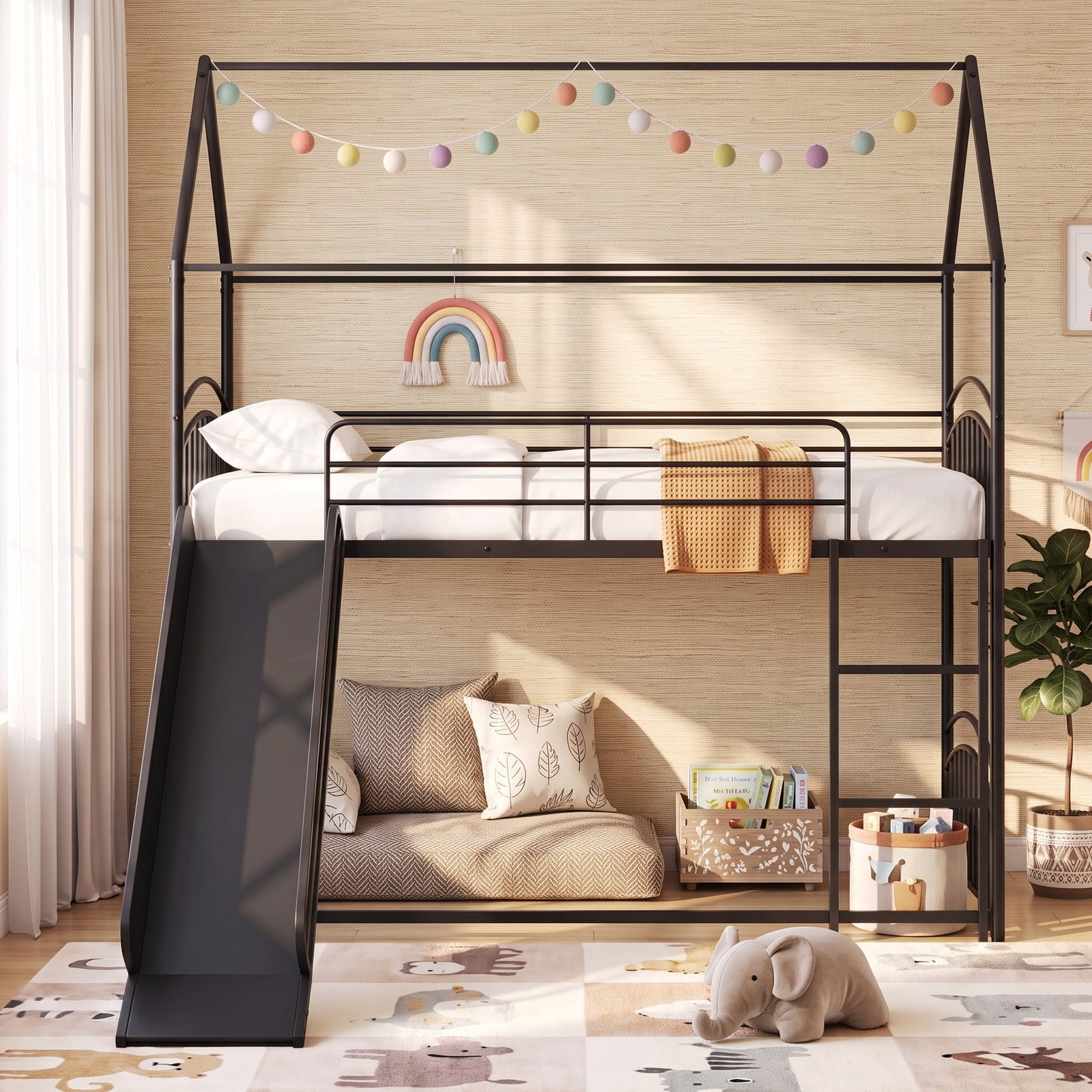 Furnibear Twin Over Twin House Bunk Bed with Slide Ladder and Heavy-duty Metal Slats for Kids and Shared Bedrooms, Black