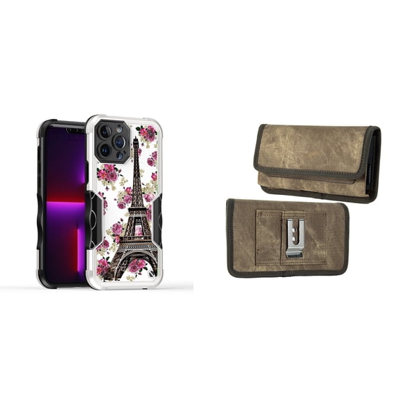 Case and Pouch Bundle for iPhone 14 Pro Max: Heavy Duty Armor Rugged Case (Eiffel Tower Flowers) and Rugged Denim Nylon Belt Holster (Tan Brown)