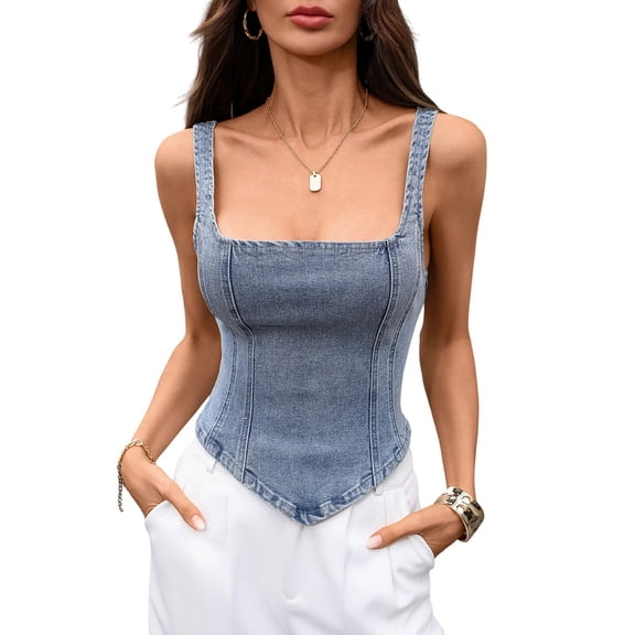 Women'S Denim Corset Tank Top Asymmetrical Hem Crop Tops Sleeveless Zip Up Back Tanks Blue S