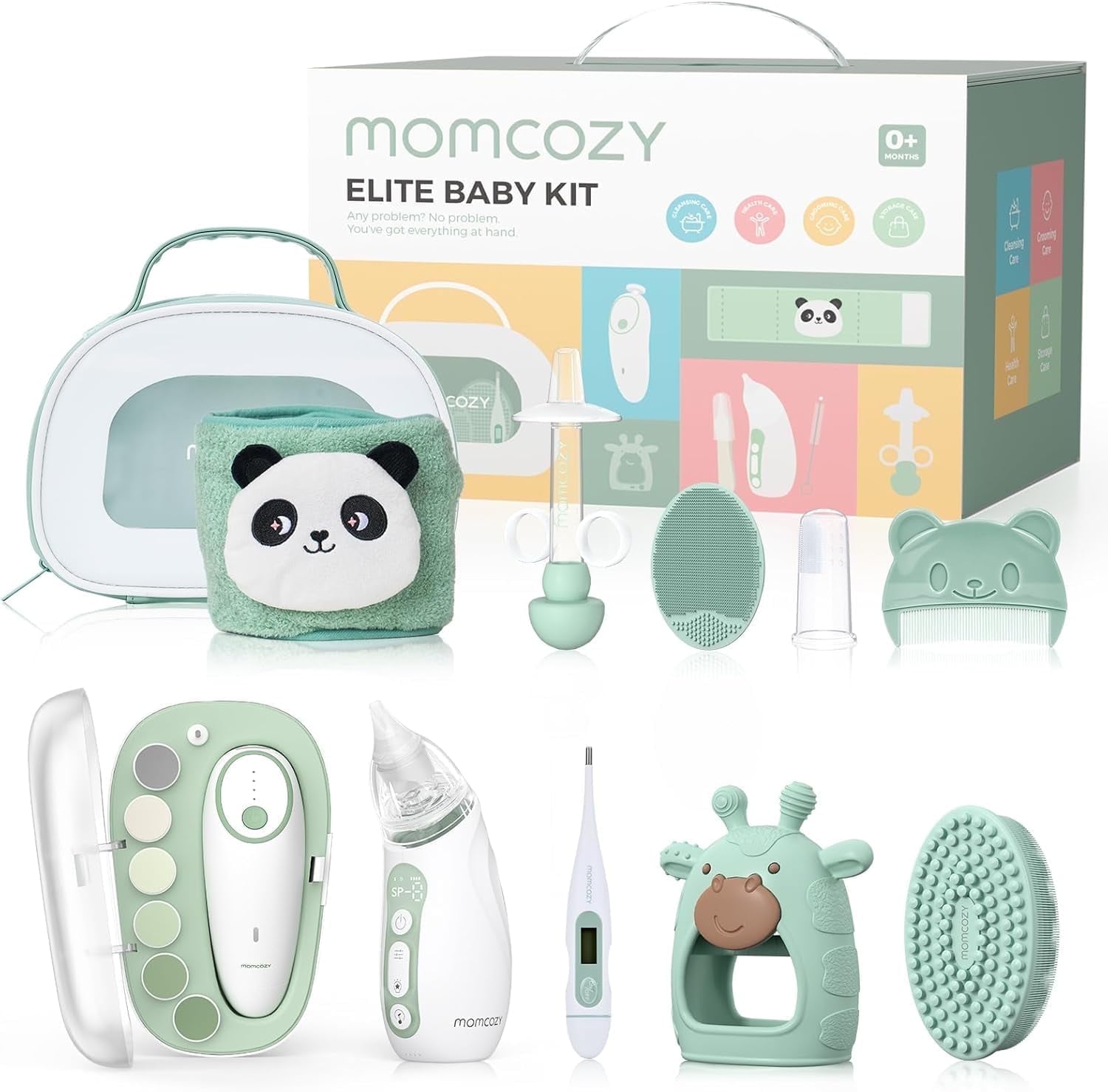 Momcozy Elite Baby Kit, Superior Baby Shower & Registry Essential Kit for Grooming & Cleansing Care, Electric Nail File & Nasal Aspirator, Tummy Wrap, Thermometer ,Bath Brush ,Teether ,Storage Bag