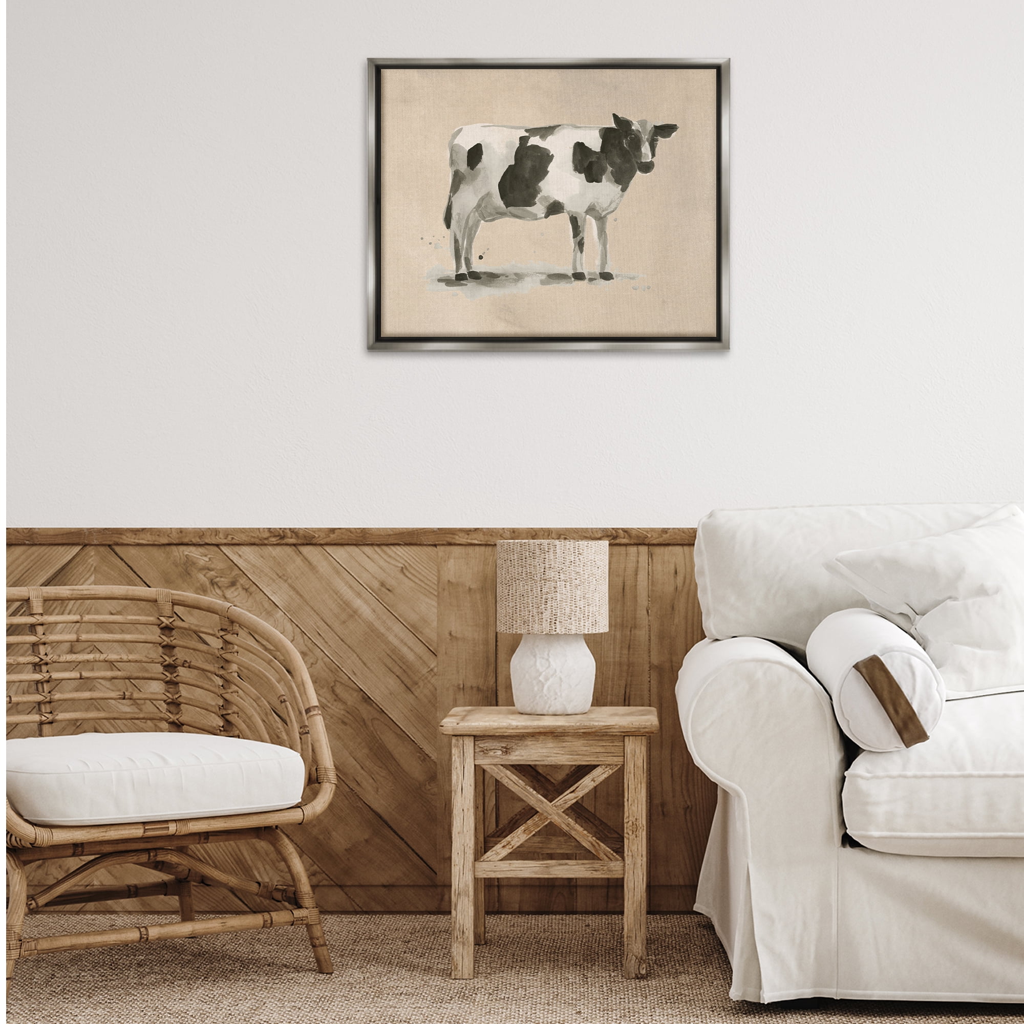 Stupell Industries Traditional Cow on Beige Animals & Insects Painting Gray Floater Framed Canvas Art Print Wall Art, 31 x 25