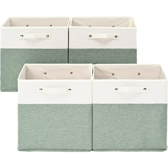 13 x 13 Inch Fine Linen Storage Bins with Handles，Fabric Cube Boxs，Collapsible Basket Organizers for Shelves for Home, Closet Drawers (White/Green-4 Pack )