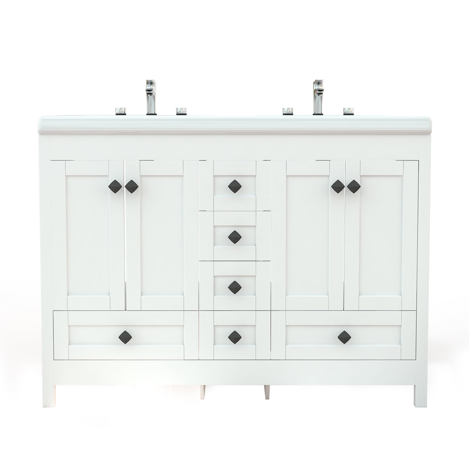 47'' White Bathroom Vanity with Double Ceramic Sink Freestanding Storage Cabinet with 6 Drawers