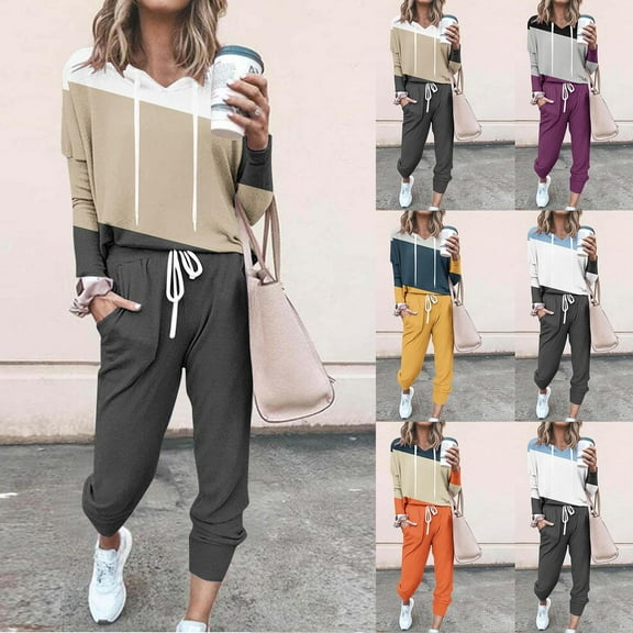 Brondbend Sweat Suits for Womens 2 Piece Tracksuit Women Hooded Long Sleeve Multicolor Pullover Elastic Waist Drawstring Pockets Sweatpant Set Loose Fall Athletic Outfits,Khaki