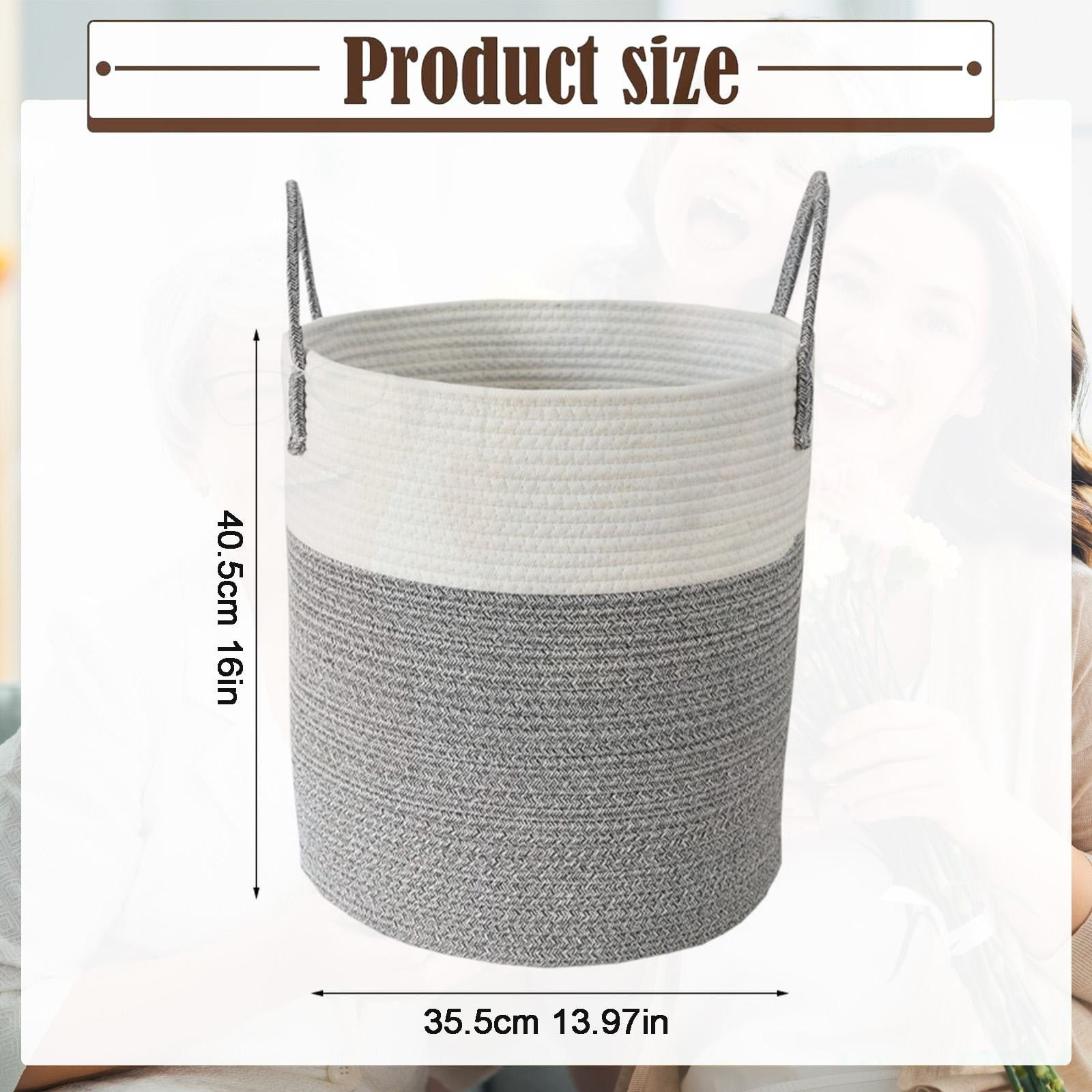 Large Bohe Woven Laundry Basket, 40L Gray Cotton Rope Laundry Hamper with Handles, Decorative Storage Bins for Blankets Toys Clothes, Bathroom Bedroom Living Room Organizer
