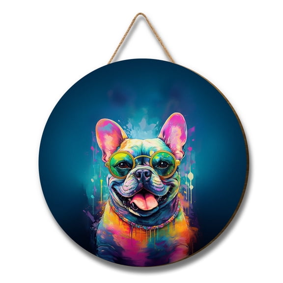 Hippie French Bulldog Portrait oil painting Watercolor Tie-dye Vintage Round Wood Sign Dog Lover Gifts Hanging Wall Home Decor - 00015
