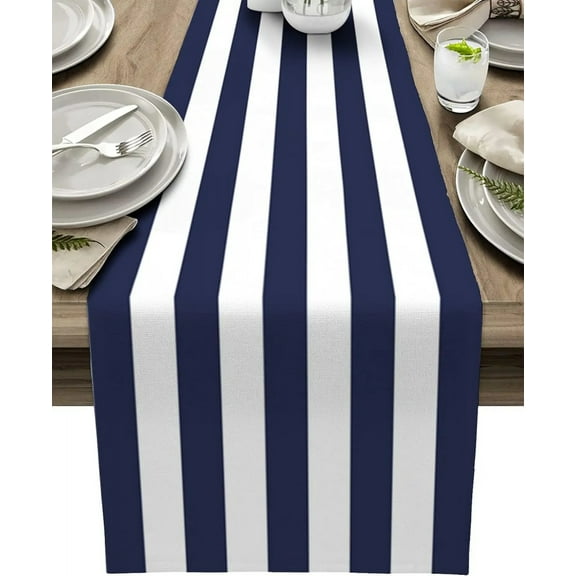 Navy Blue White Stripe Linen Table Runner Kitchen Dining Table Decor Reusable Farmhouse Table Runners Holiday Wedding Decoration