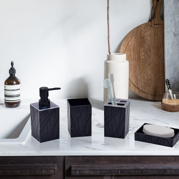 Juego de accesorios de baño moderno de 4 piezas: dispensador de jabón, portacepillos, vaso y jabonera, plástico, blanco/gris. Organizador de encimera completo.