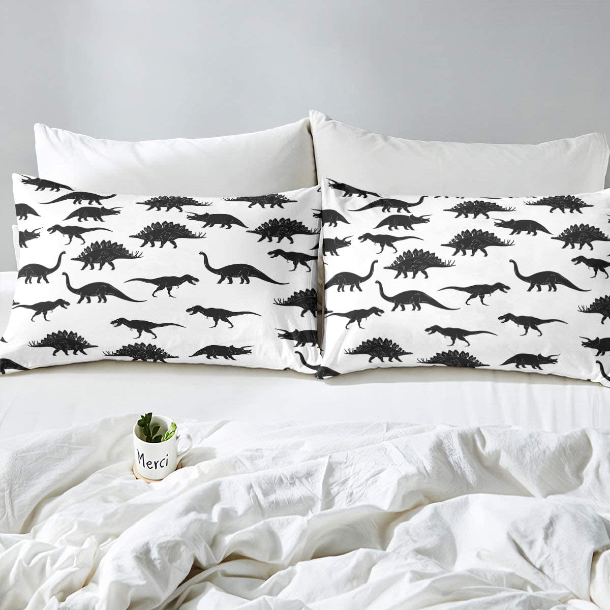 Dinosaur Bed Sheets Full Size Teens Jurassic Animal Sheet Set 4 Pcs Black White Silhouettes Sheets Set Deep Pocket Fitted Sheets Kids Dinosaurs Flat Sheet Retro Style Room Decor 2