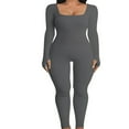 thumbnail image 1 of Women Ribbed Knit Yoga Jumpsuits Square Neck Long Sleeve Bodycon Rompers One-Piece Workout Sports Outfits, 1 of 6