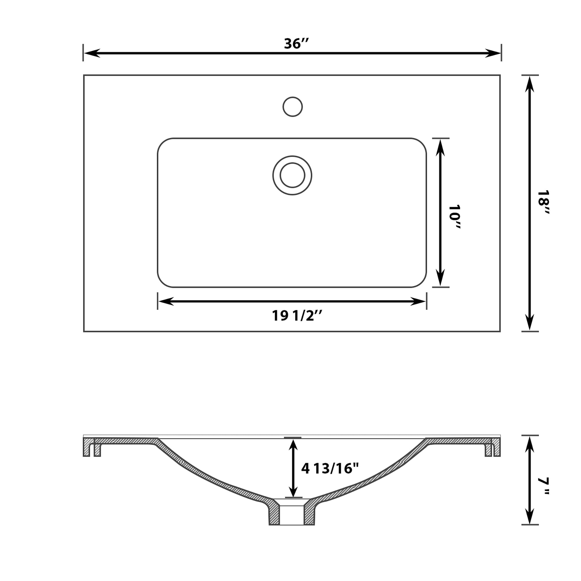 Logmey 36"x18" Porcelain White Bathroom Ceramic Sink Rectangular Top Mount Sink with Overflow Hole, Pre-Drilled Faucet Hole