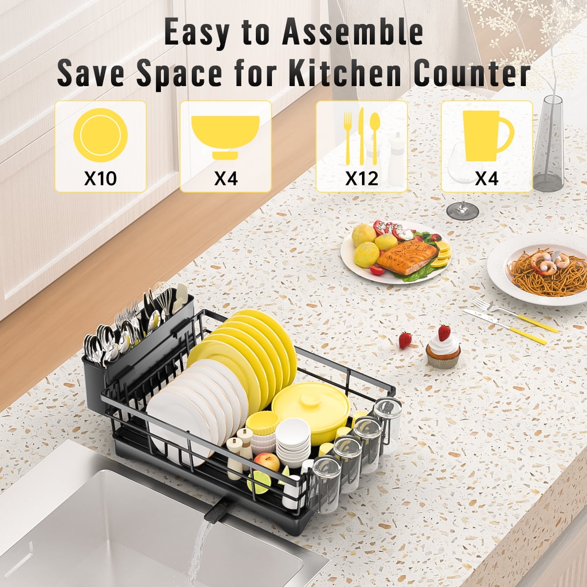 GPED Dish Drying Rack, Stainless Steel Dish Rack with Drainboard for Kitchen Counter and Sink, Dish Drainer with Cutlery Holder, Kitchen Organizer for Dishes, Spoons and Forks