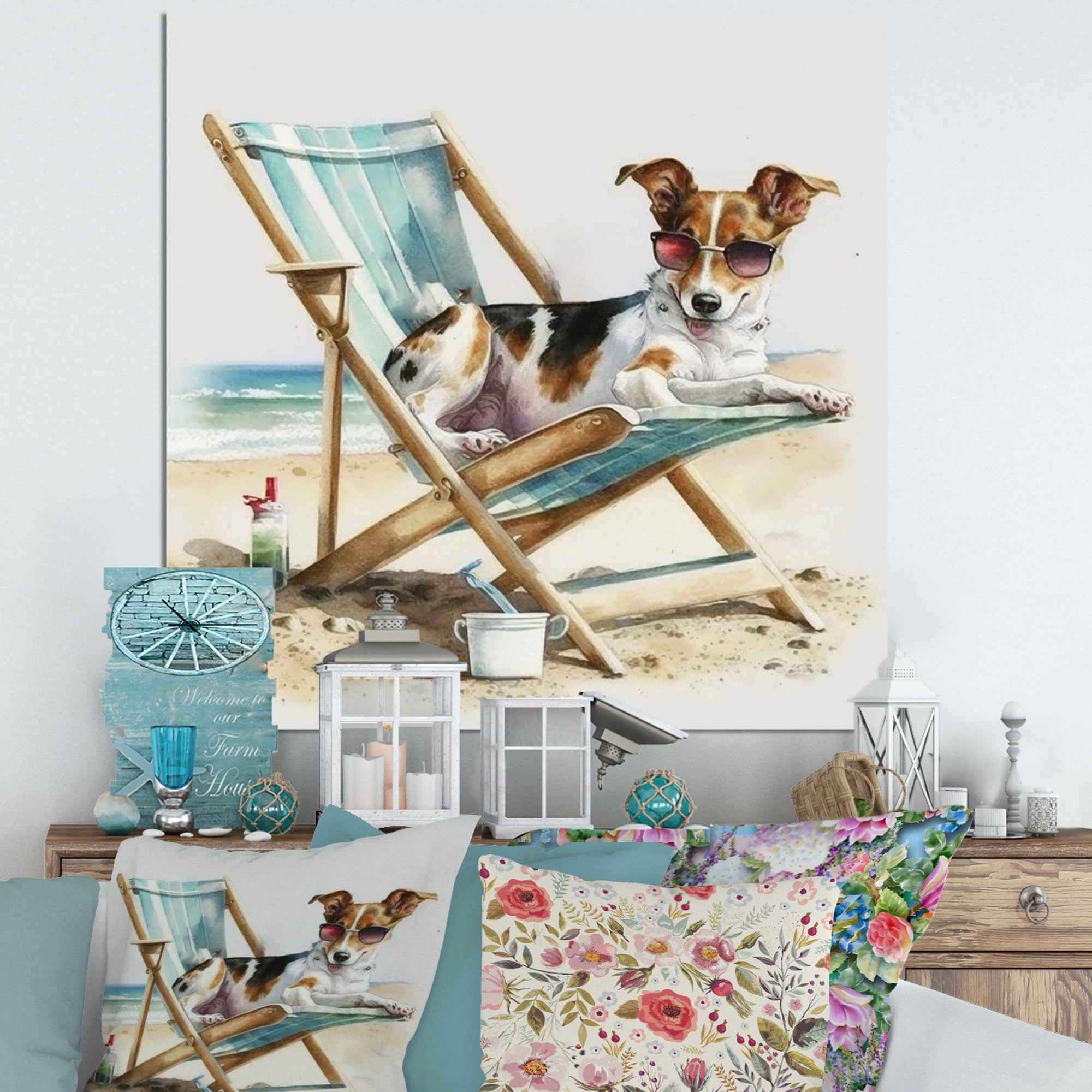 Designart Dog Laying On Chair At The Beach III Canvas Wall Art