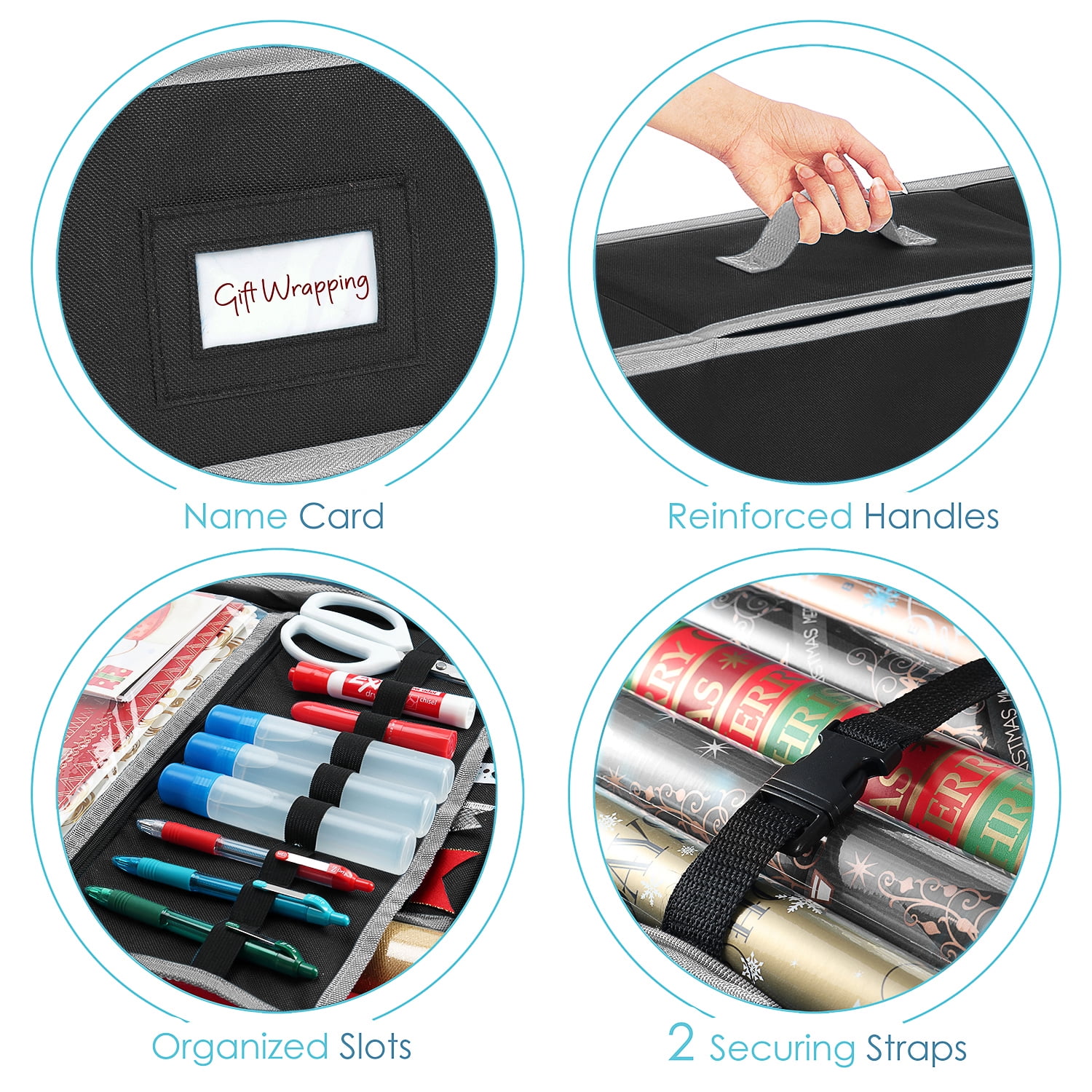 Hearth & Harbor Set of Holiday Christmas Wrapping Paper Storage Box and Wrapping Paper Storage Roll, Gift Wrap Organizer , Black