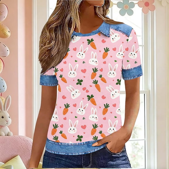 AGWOLF Easter Bunny Shirt for Women Short Sleeve Holiday Tops Religious Tunic Funny Rabbit Graphic Tee Loose Fit Waffle Knit T-Shirt Orange XXXL
