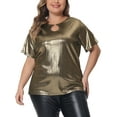 thumbnail image 1 of Blusa metálica de talla grande para mujeres, con cuello redondo y abertura, camiseta de manga corta, blusas de fiesta, top 2X dorado, 1 of 6