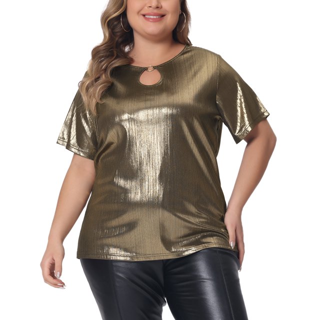 Blusa metálica de talla grande para mujeres, con cuello redondo y abertura, camiseta de manga corta, blusas de fiesta, top 2X dorado