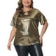 thumbnail image 1 of Blusa metálica de talla grande para mujeres, con cuello redondo y abertura, camiseta de manga corta, blusas de fiesta, top 1X dorado, 1 of 6