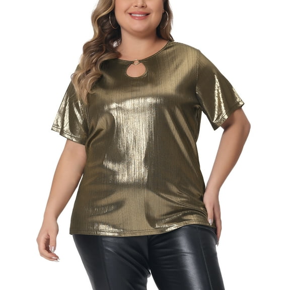 Plus Size Metallic Top for Women Keyhole Round Neck Short Sleeve t Shirt Party Blouses Tee Top 1X Gold