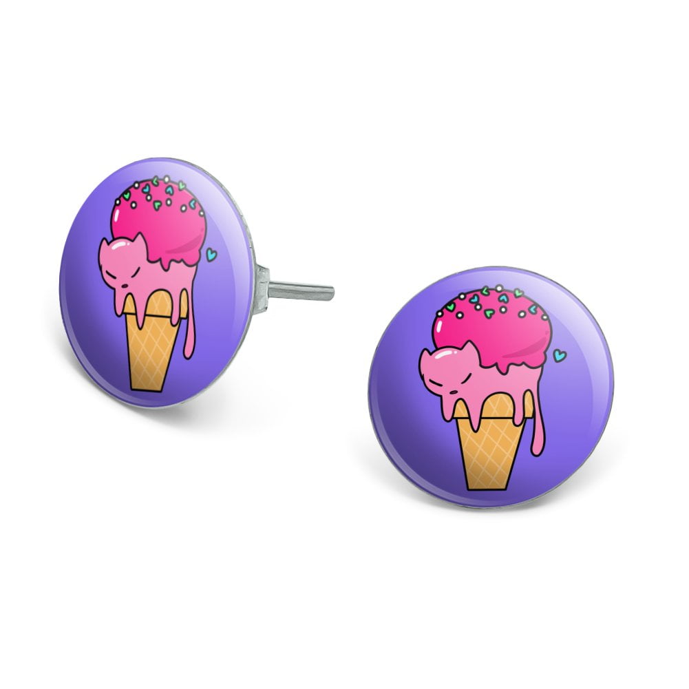 Cute Meowlting Melting Cat Ice Cream Cone Novelty Silver Plated Stud