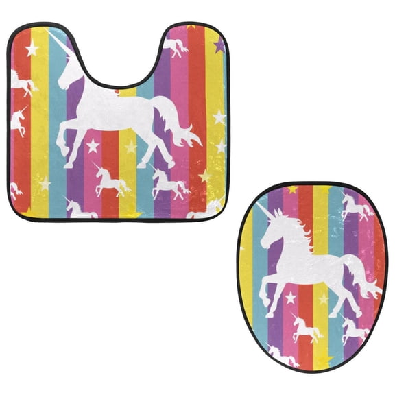 PhooArto Toilet Lid Cover and U-Shaped Toilet Floor Mat Set of 2 Pieces, Unicorn Colorful Rainbow Striped Pattern Toilet Mat Set, Machine Washable Seat Covers Non-Slip Absorbent Rugs